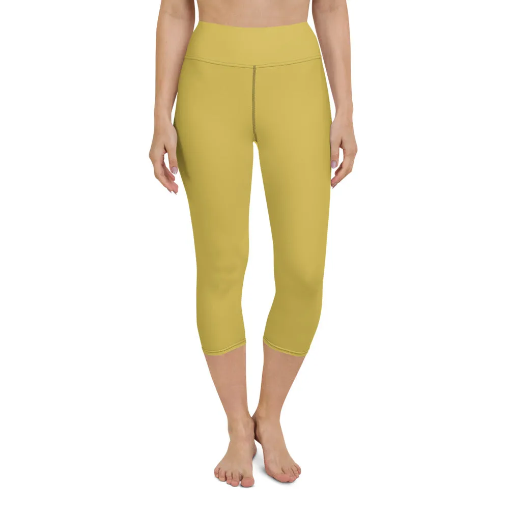 Dusty Yellow Yoga Capri Leggings, Solid Color Women's Workout Gym Tights-Made in USA/EU/MX
