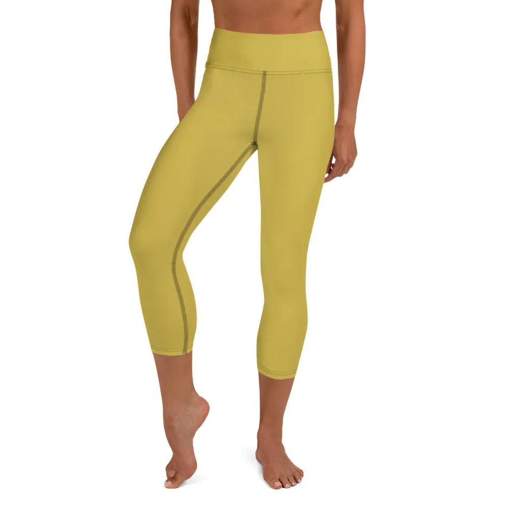 Dusty Yellow Yoga Capri Leggings, Solid Color Women's Workout Gym Tights-Made in USA/EU/MX