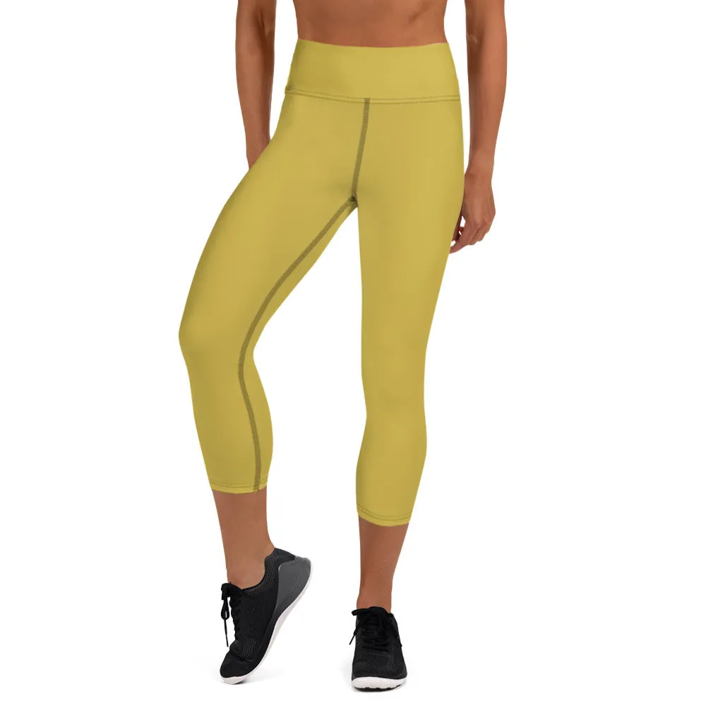 Dusty Yellow Yoga Capri Leggings, Solid Color Women's Workout Gym Tights-Made in USA/EU/MX