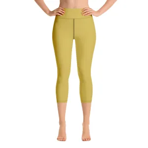Dusty Yellow Yoga Capri Leggings, Solid Color Women's Workout Gym Tights-Made in USA/EU/MX
