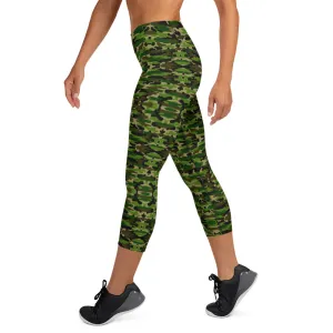 Green Camo Yoga Capri Leggings, Camouflage Military Print Women's Capris Tights-Made in USA/EU/MX