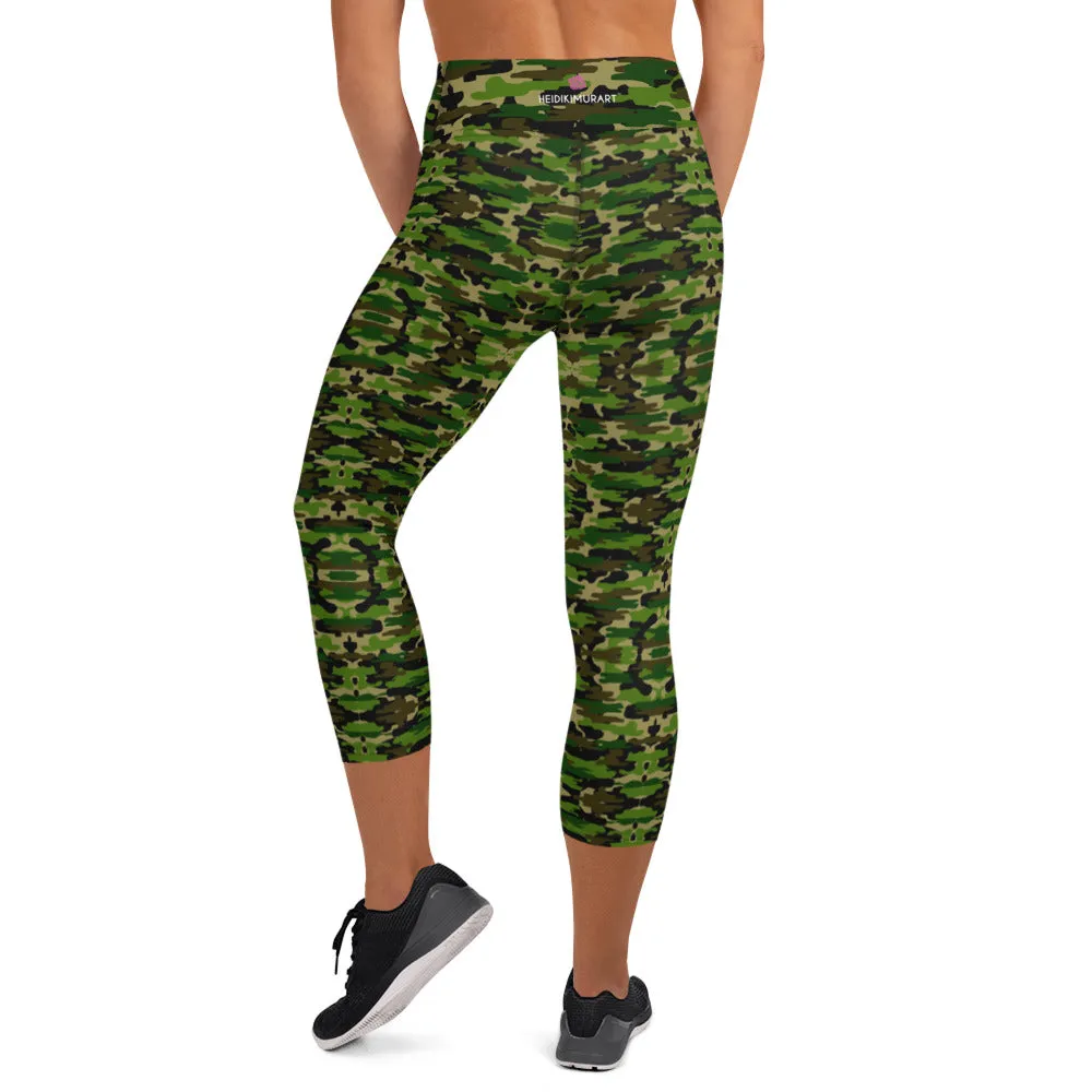Green Camo Yoga Capri Leggings, Camouflage Military Print Women's Capris Tights-Made in USA/EU/MX
