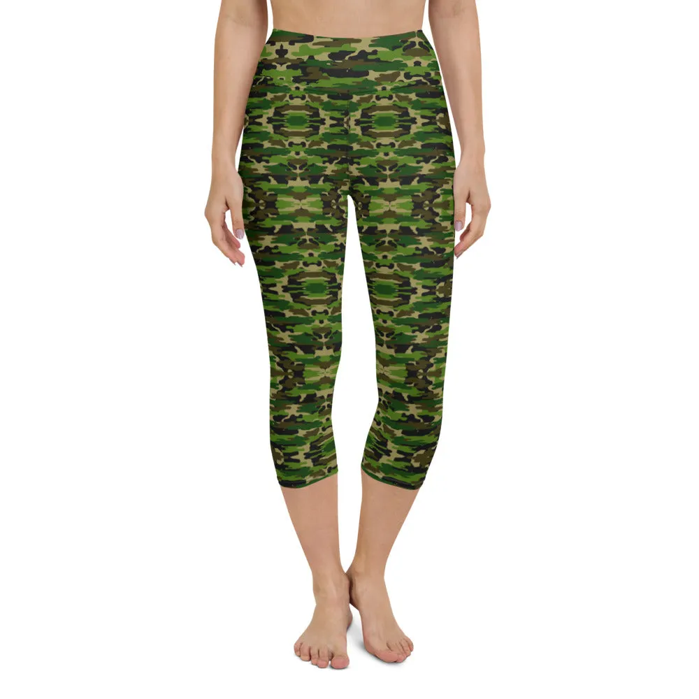 Green Camo Yoga Capri Leggings, Camouflage Military Print Women's Capris Tights-Made in USA/EU/MX