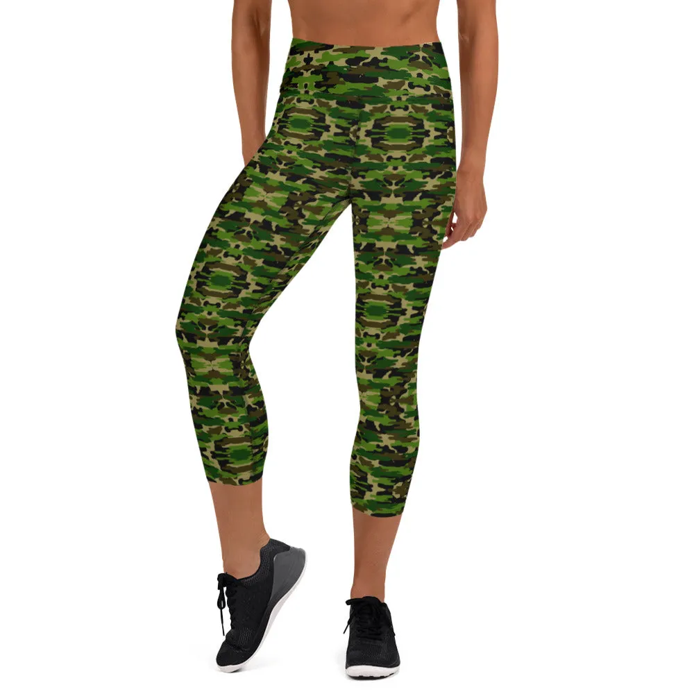 Green Camo Yoga Capri Leggings, Camouflage Military Print Women's Capris Tights-Made in USA/EU/MX