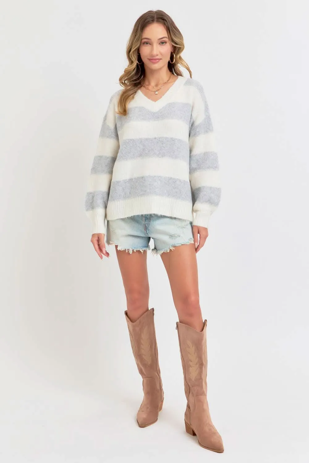 Heather Grey Comfy Striped Knit Sweater