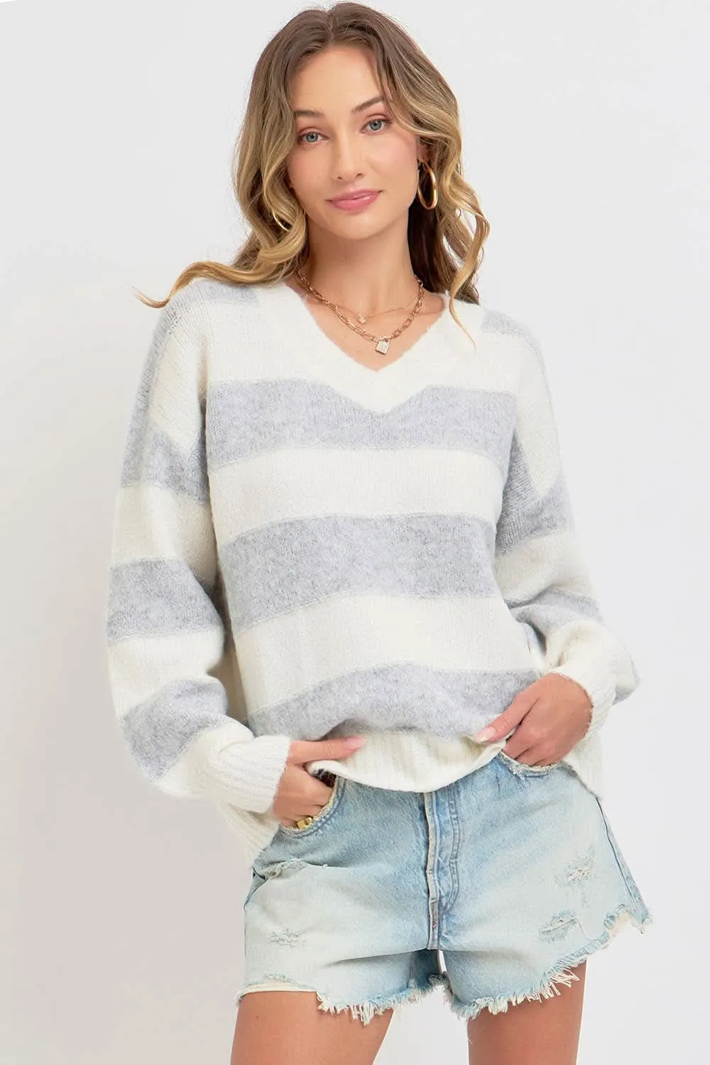 Heather Grey Comfy Striped Knit Sweater