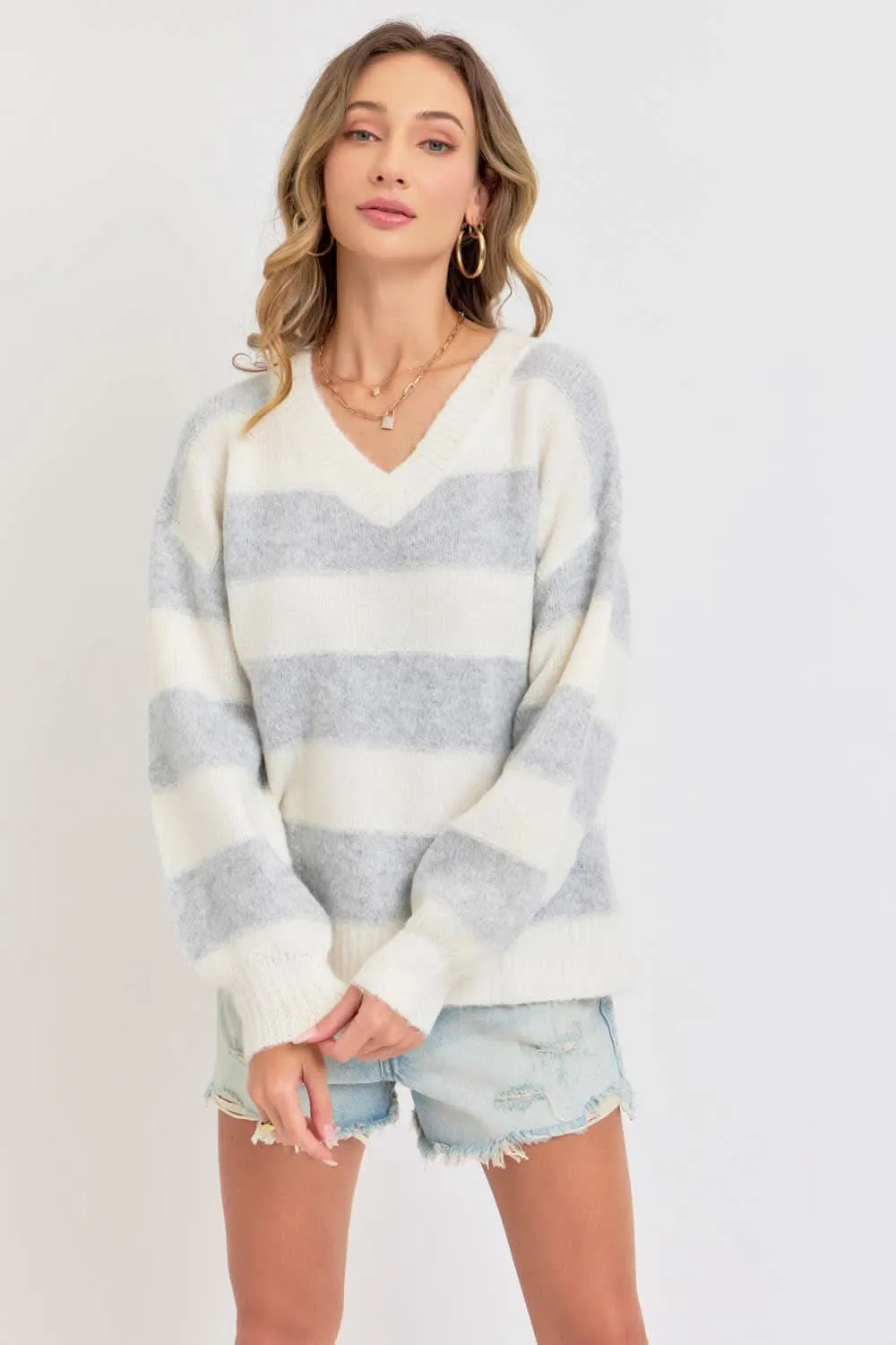 Heather Grey Comfy Striped Knit Sweater