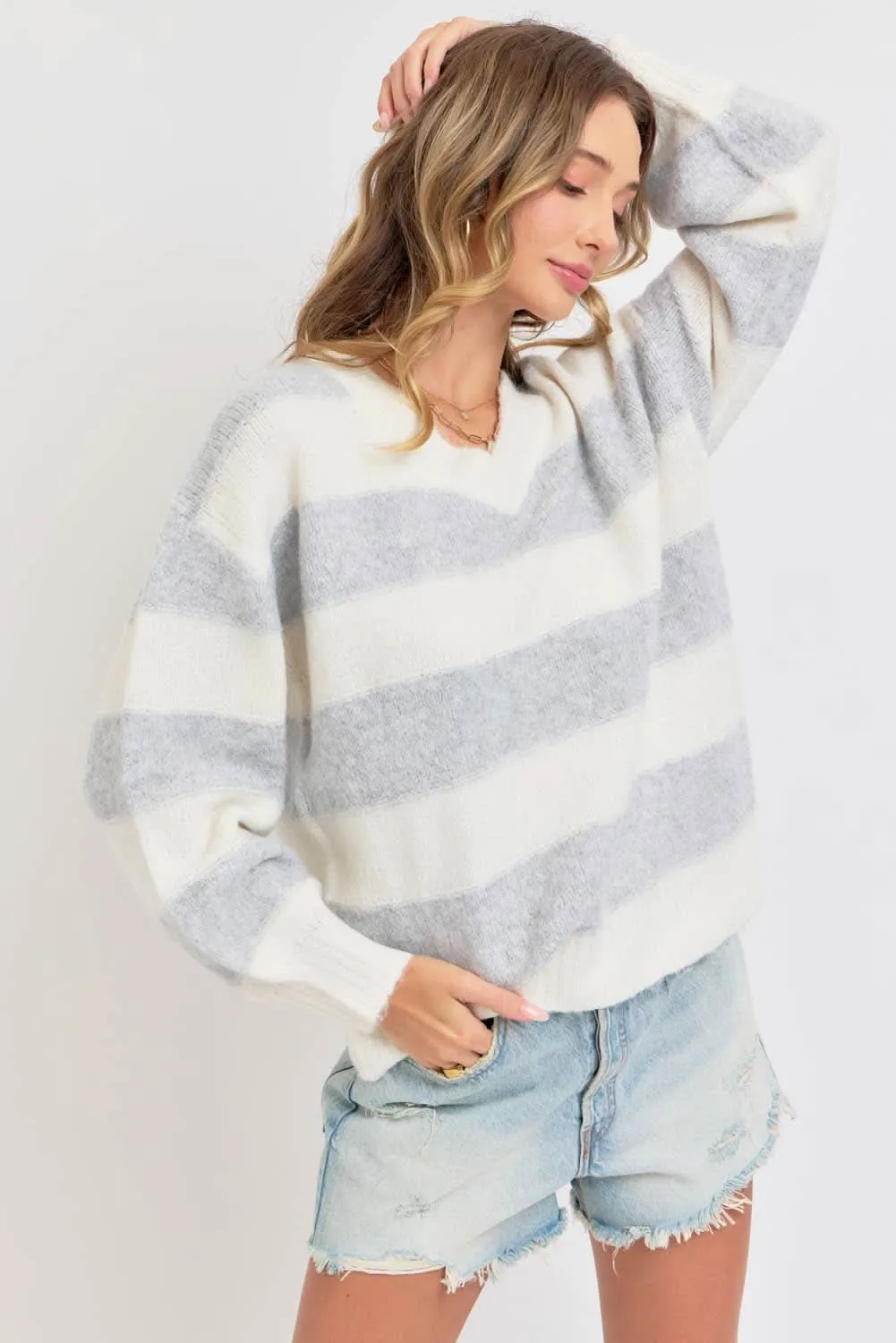 Heather Grey Comfy Striped Knit Sweater