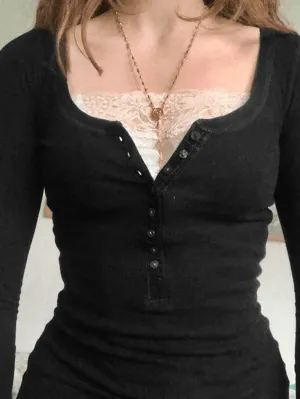 Lace Buttoned Long Sleeve Tee
