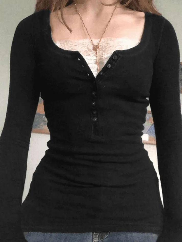 Lace Buttoned Long Sleeve Tee