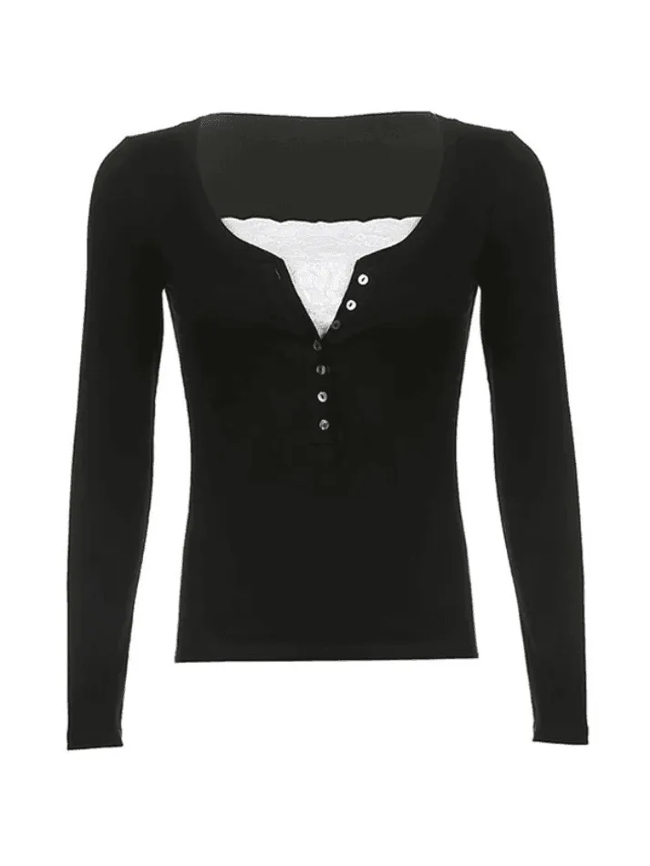 Lace Buttoned Long Sleeve Tee
