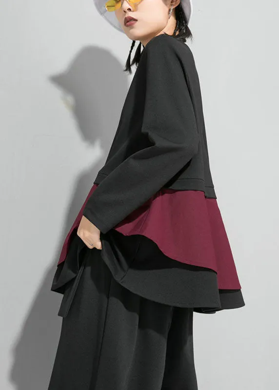 Organic Mulberry O-Neck Patchwork Ruffles Fall Top Long sleeve