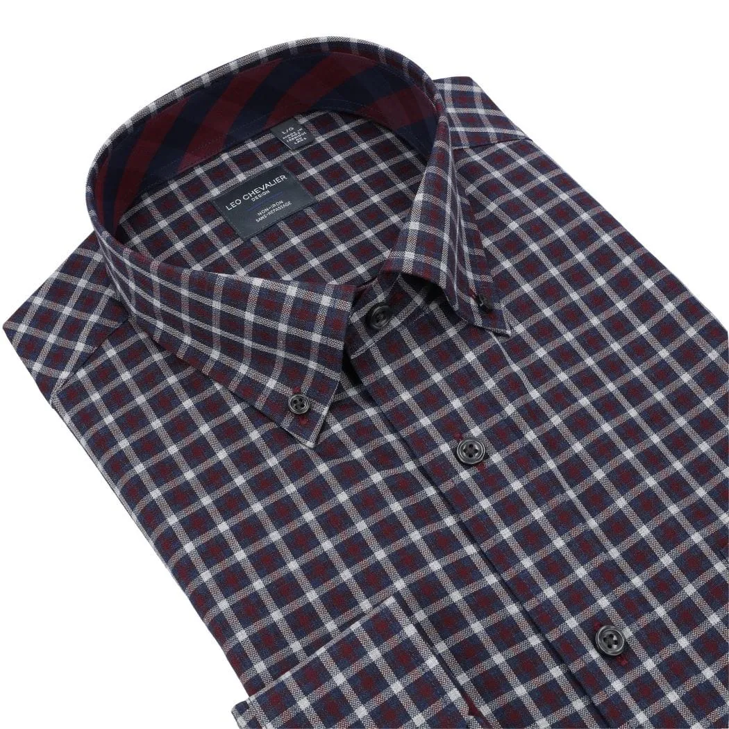 Regular Fit Wine Check Long Sleeve Men's Button Down Shirt