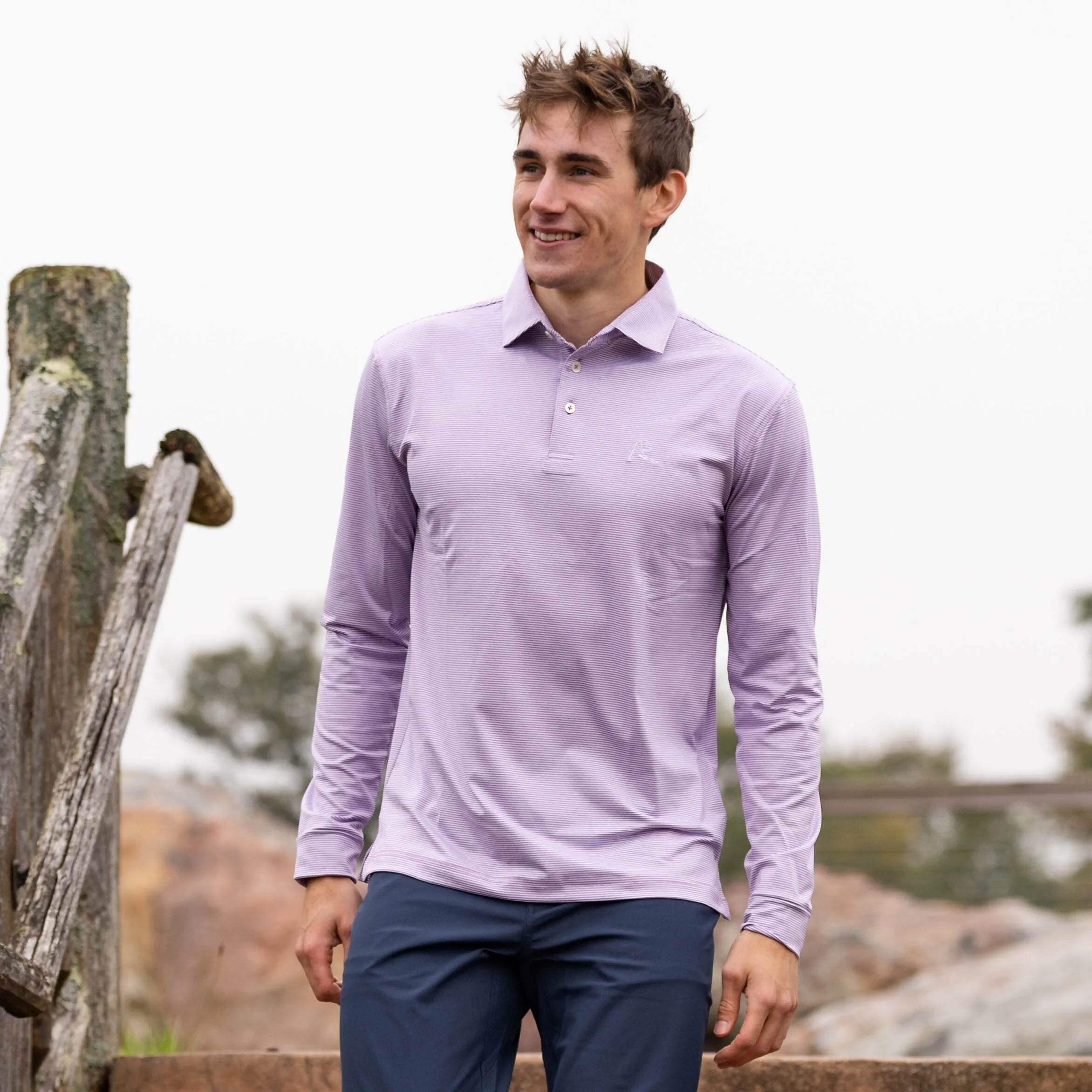 The Whaler Heather Stripe | Long Sleeve Performance Polo | The Whaler Heather Stripe - Big Easy Lavender/White