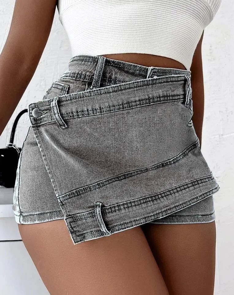 Y2K Street Style Denim Asymmetrical Skorts