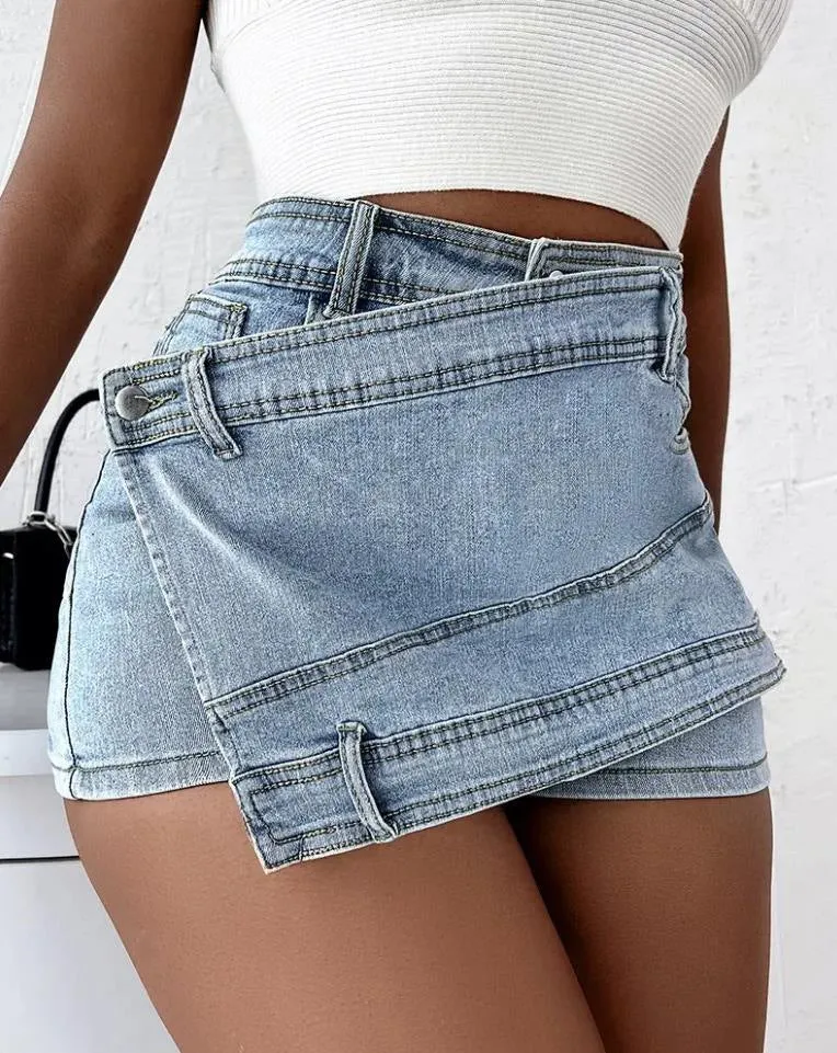 Y2K Street Style Denim Asymmetrical Skorts