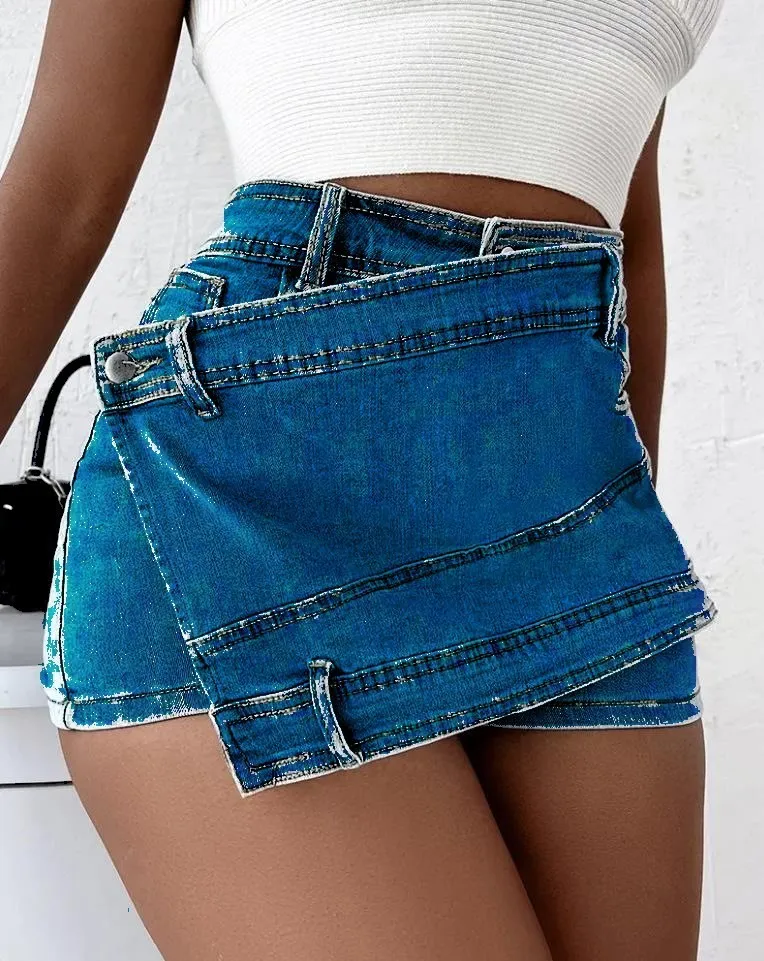 Y2K Street Style Denim Asymmetrical Skorts